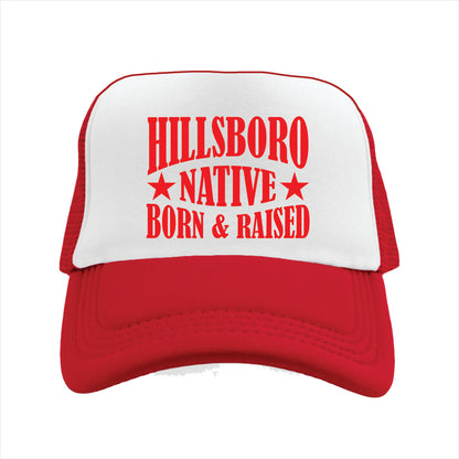 Red and white cap with 'Hillsboro Native Born & Raised' text on a white background