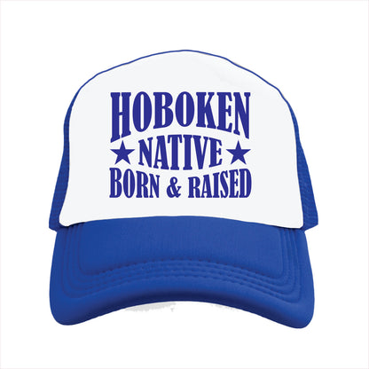 White and blue cap with 'Hoboken Native Born & Raised' text on a white background
