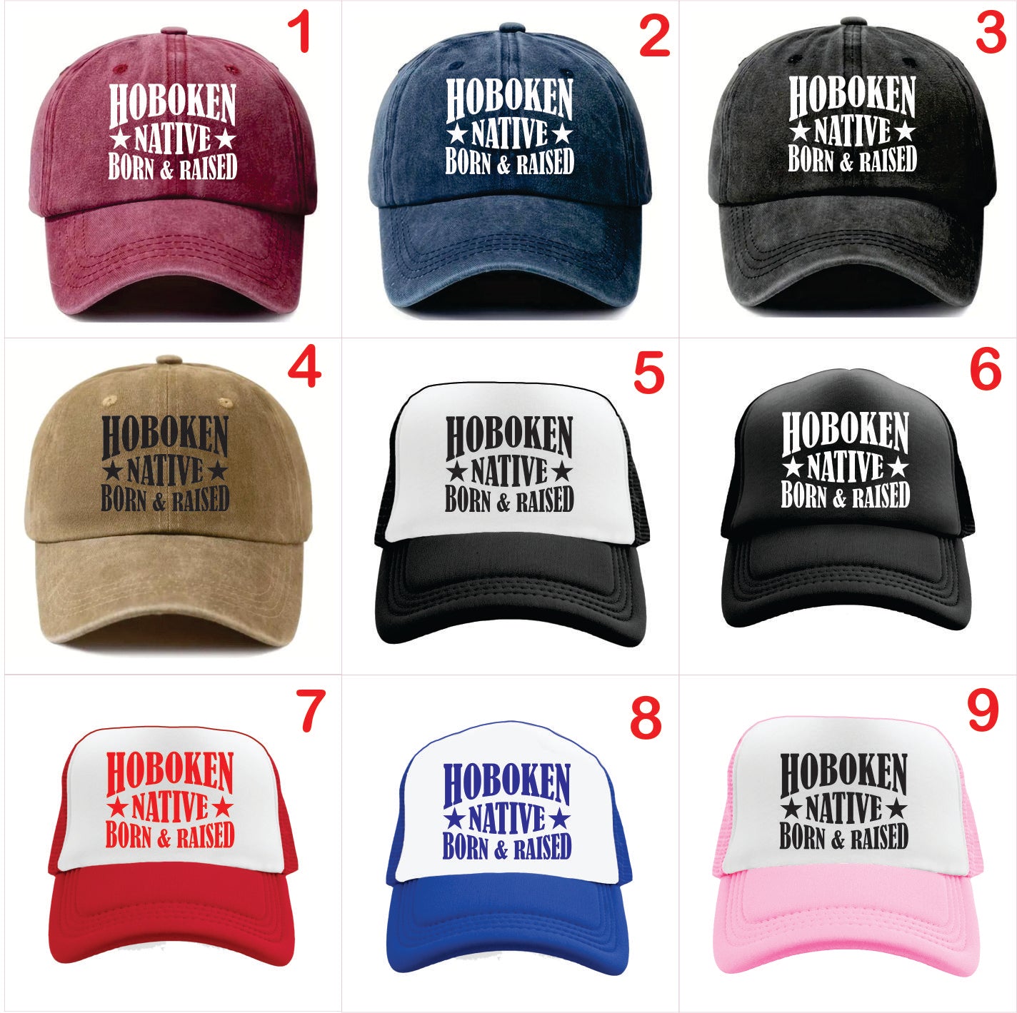Nine baseball caps with 'Hoboken Native Born & Raised' text in various colors and styles.