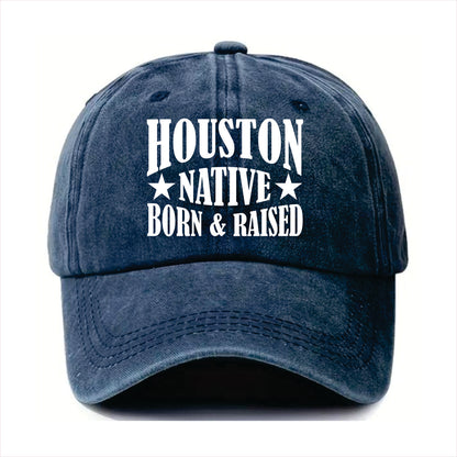Blue cap with 'Houston Native Born & Raised' text on a white background
