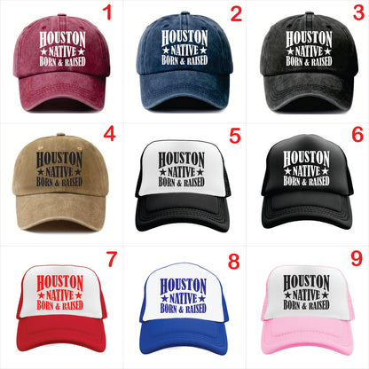 Nine hats with 'Houston Native Born & Raised' text in various colors and styles.