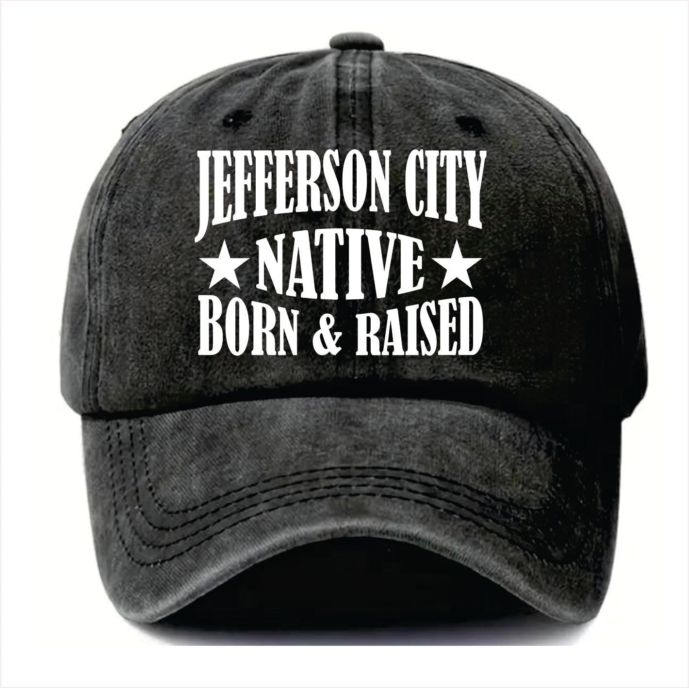 Black cap with 'Jefferson City Native Born & Raised' text on a white background