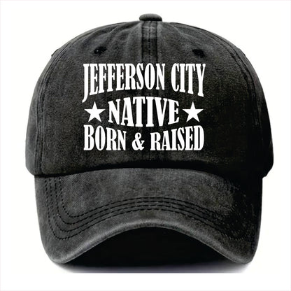 Black cap with 'Jefferson City Native Born & Raised' text on a white background