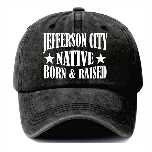 Black cap with 'Jefferson City Native Born & Raised' text on a white background