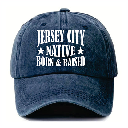 Blue cap with 'Jersey City Native Born & Raised' text on a white background