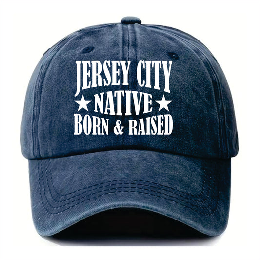 Blue cap with 'Jersey City Native Born & Raised' text on a white background
