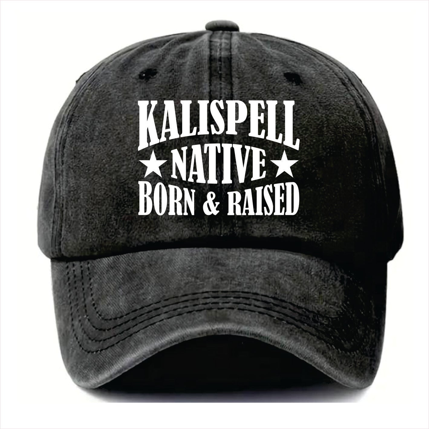 Black cap with 'Kalispell Native Born & Raised' text on a white background