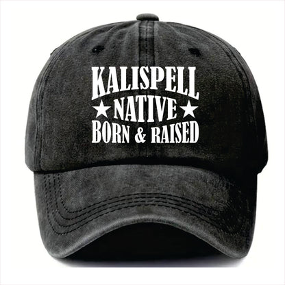 Black cap with 'Kalispell Native Born & Raised' text on a white background