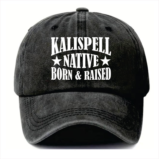 Black cap with 'Kalispell Native Born & Raised' text on a white background