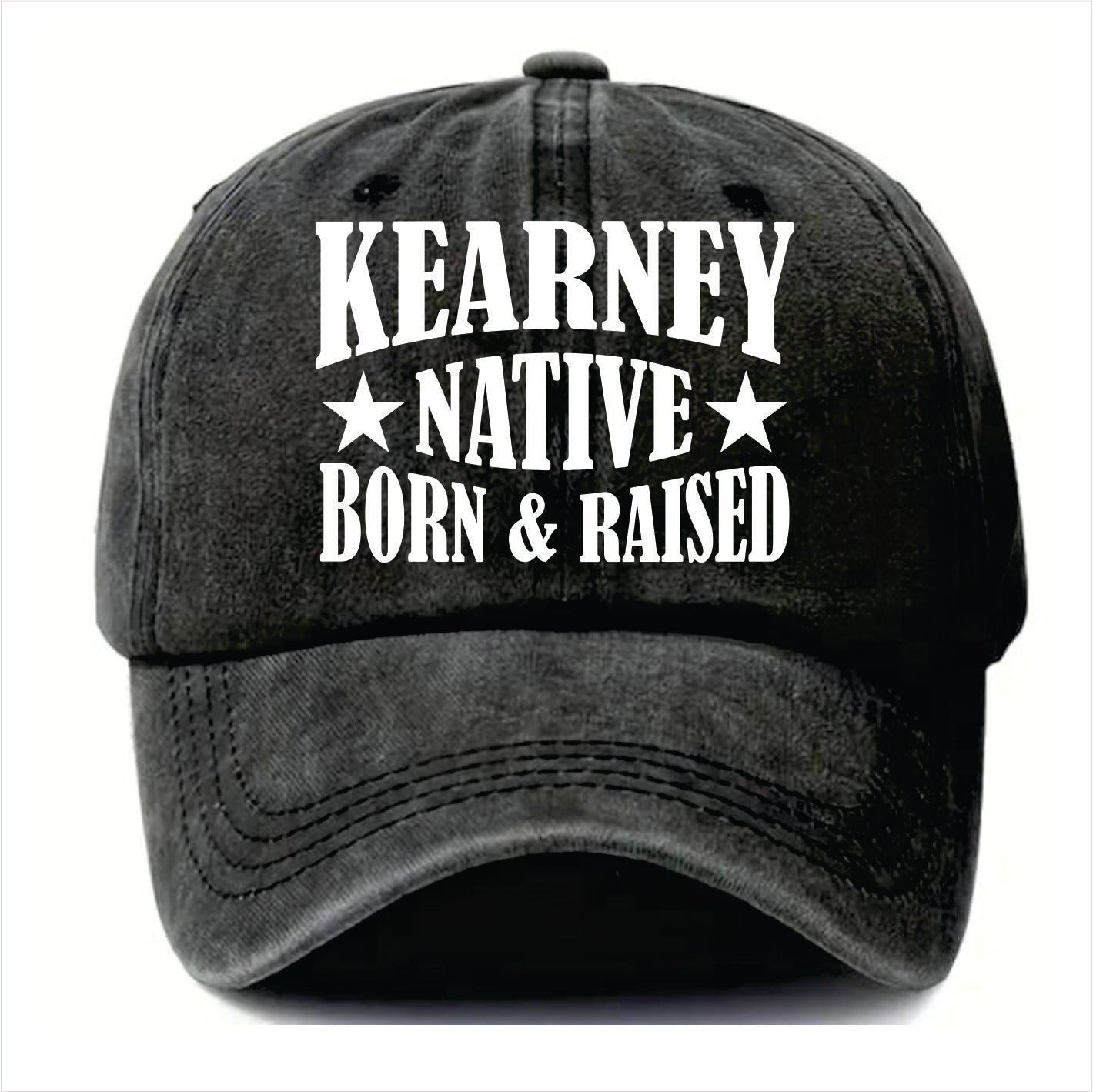 Black cap with 'Kearney Native Born & Raised' text on a white background