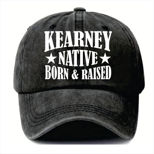 Black cap with 'Kearney Native Born & Raised' text on a white background