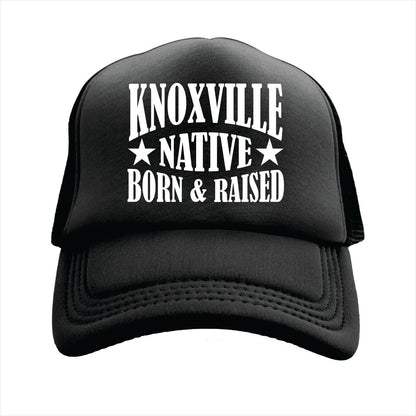 Black cap with 'Knoxville Native Born & Raised' text on a white background