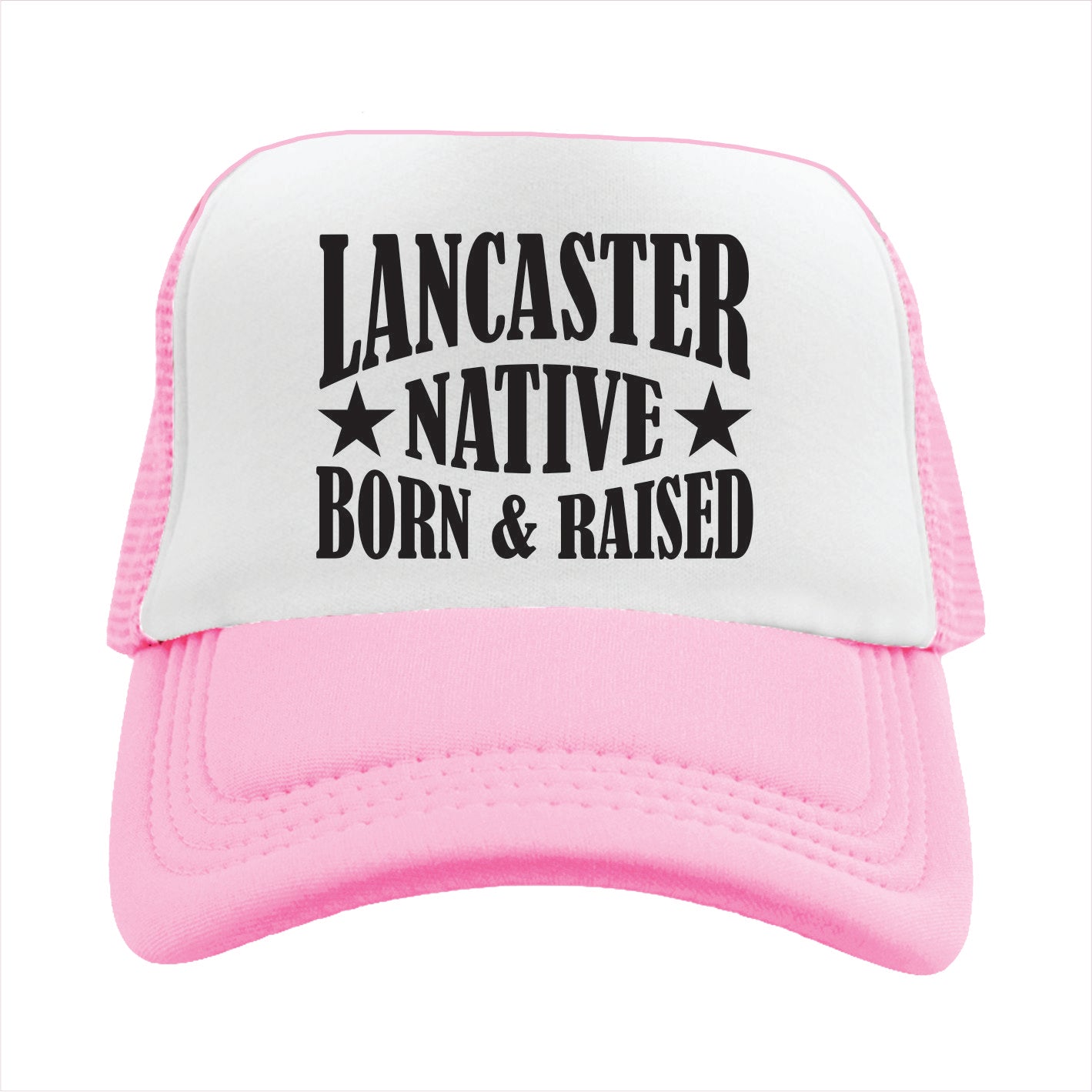 Pink and white cap with 'Lancaster Native Born & Raised' text on a white background