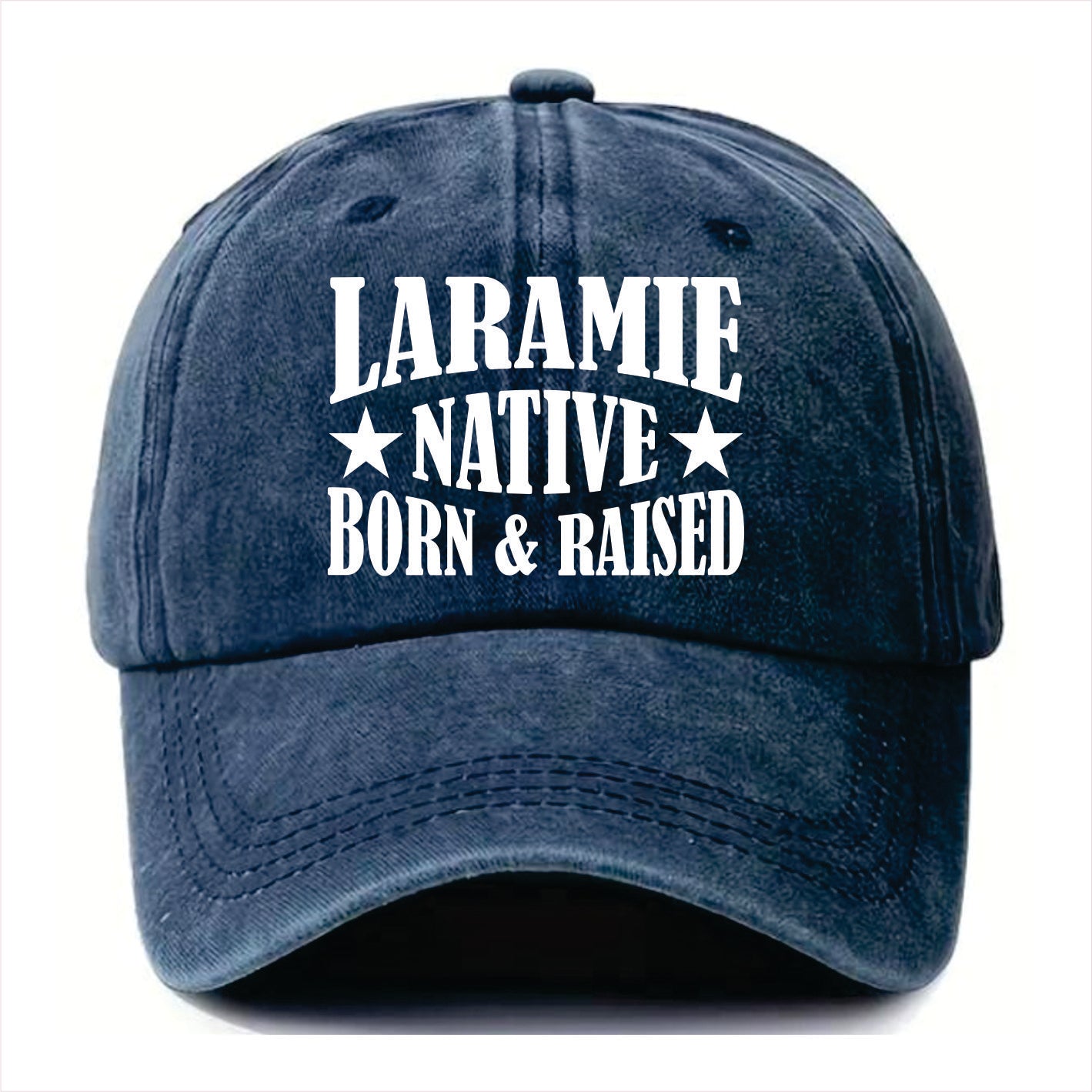 Blue cap with 'Laramie Native Born & Raised' text on a white background