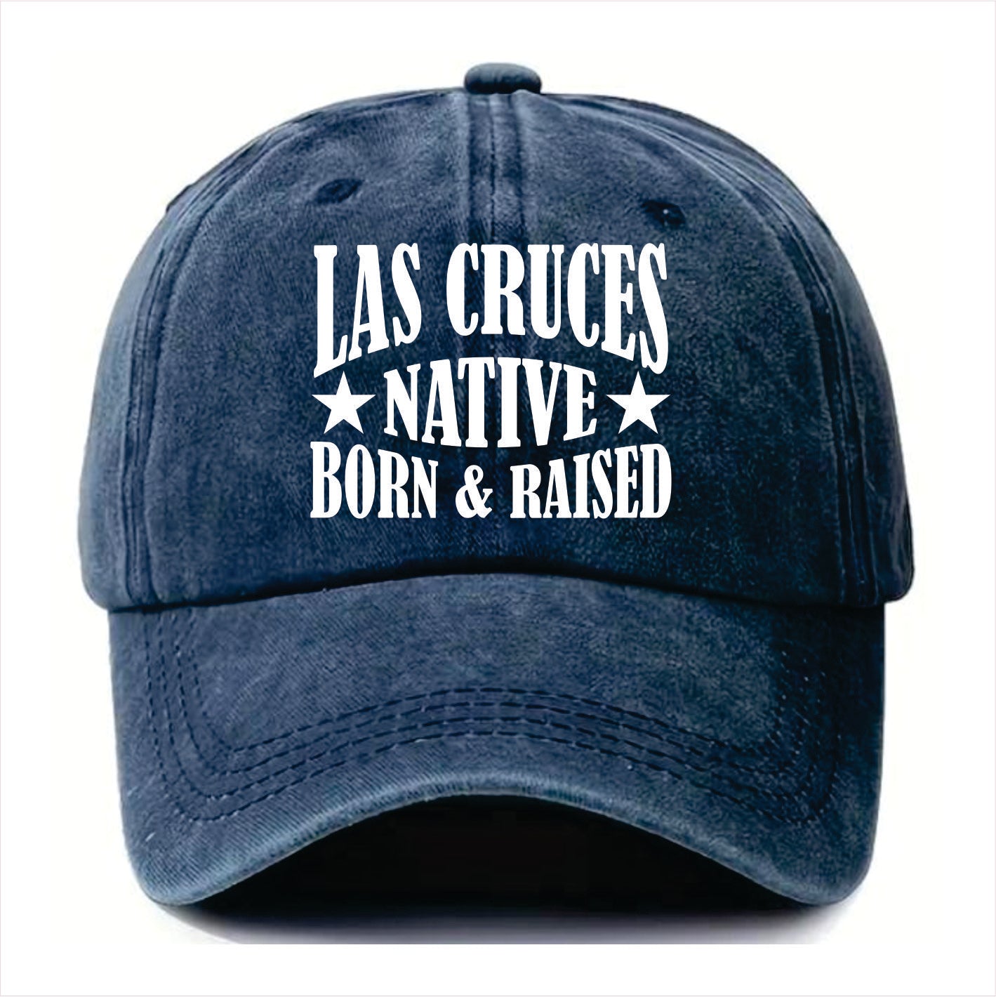 Blue cap with 'Las Cruces Native Born & Raised' text on a white background