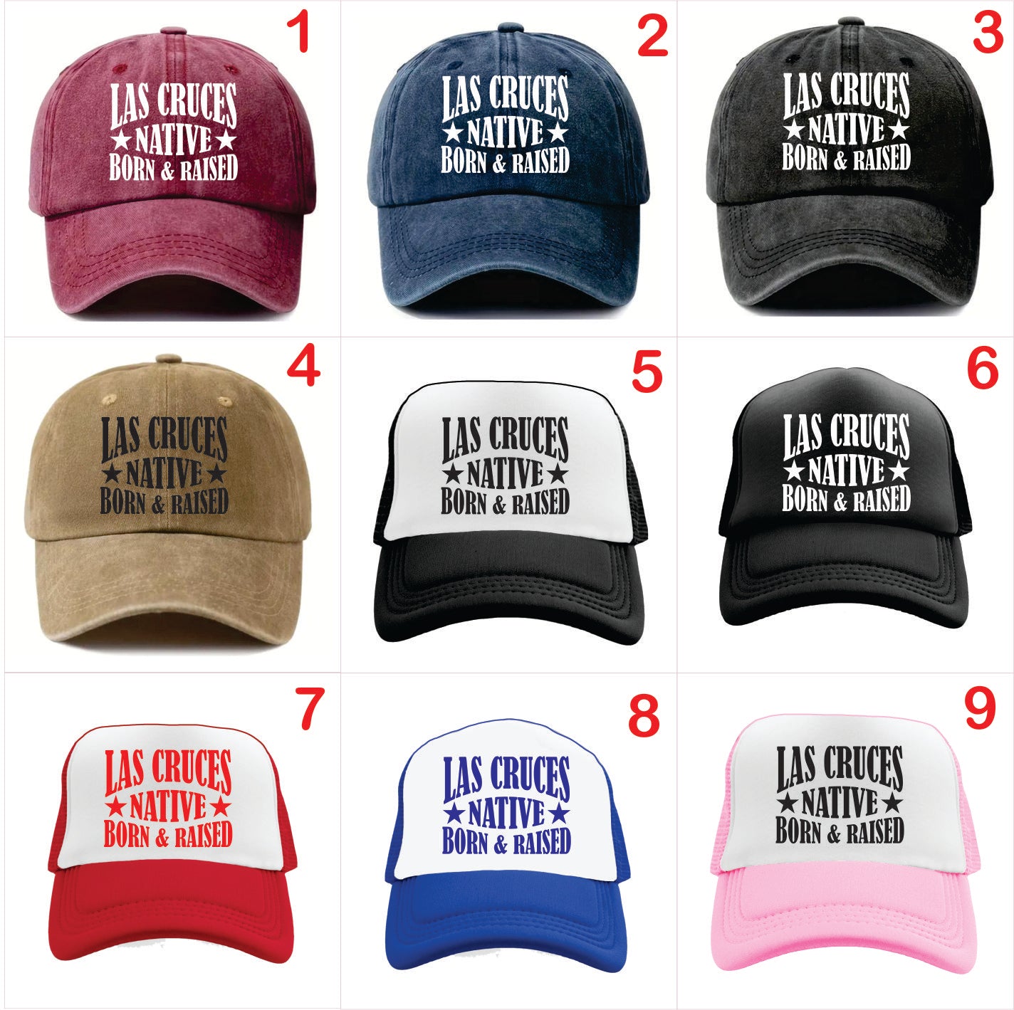 Nine baseball caps with 'Las Cruces Native Born & Raised' text in various colors on a white background.