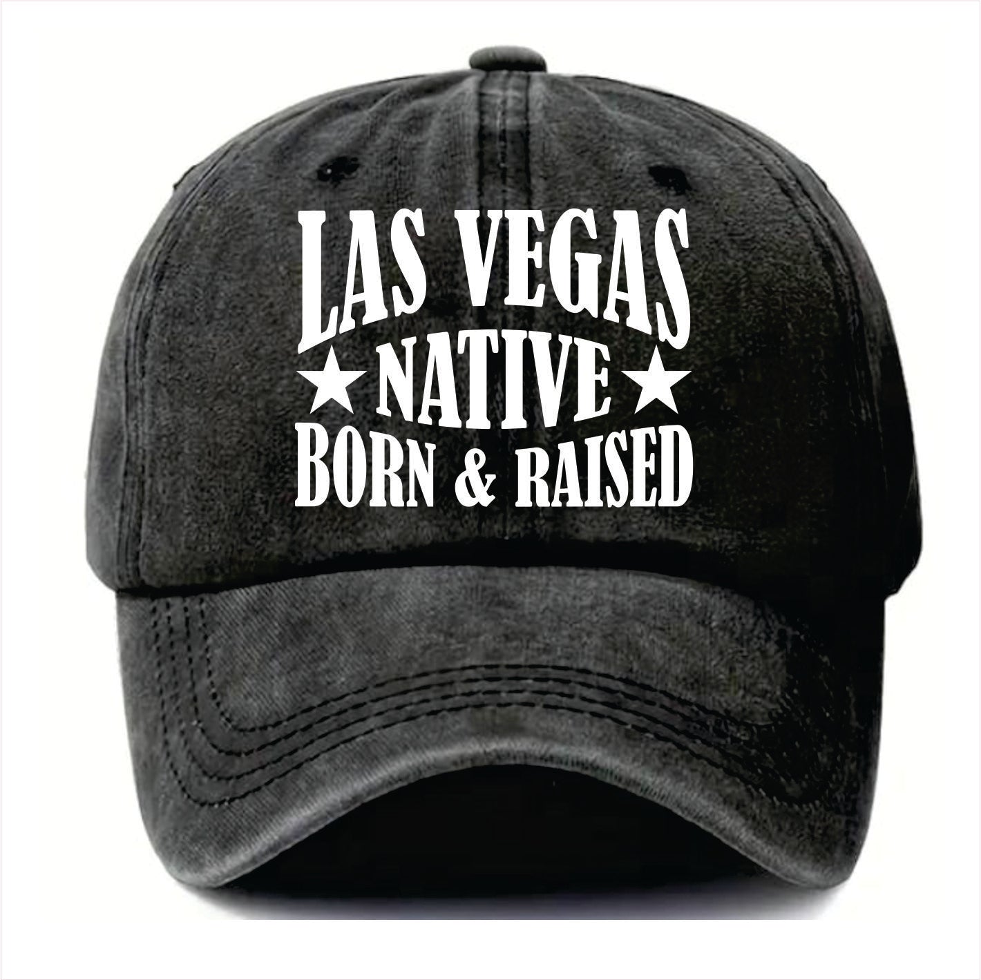 Black cap with 'Las Vegas Native Born & Raised' text on a white background
