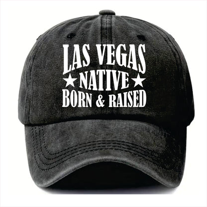 Black cap with 'Las Vegas Native Born & Raised' text on a white background