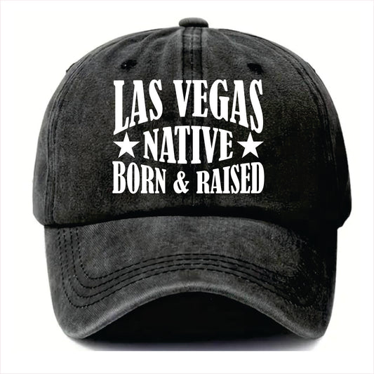 Black cap with 'Las Vegas Native Born & Raised' text on a white background