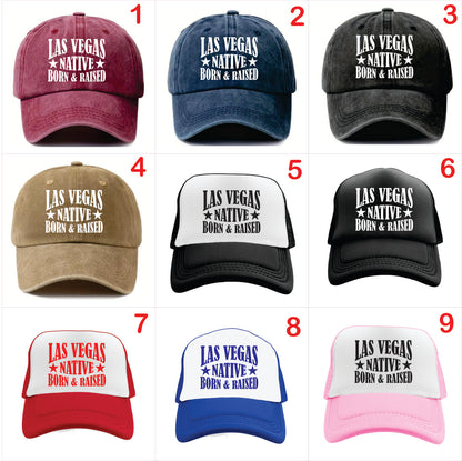 Nine caps with 'Las Vegas Native Born & Raised' text in various colors on a white background.