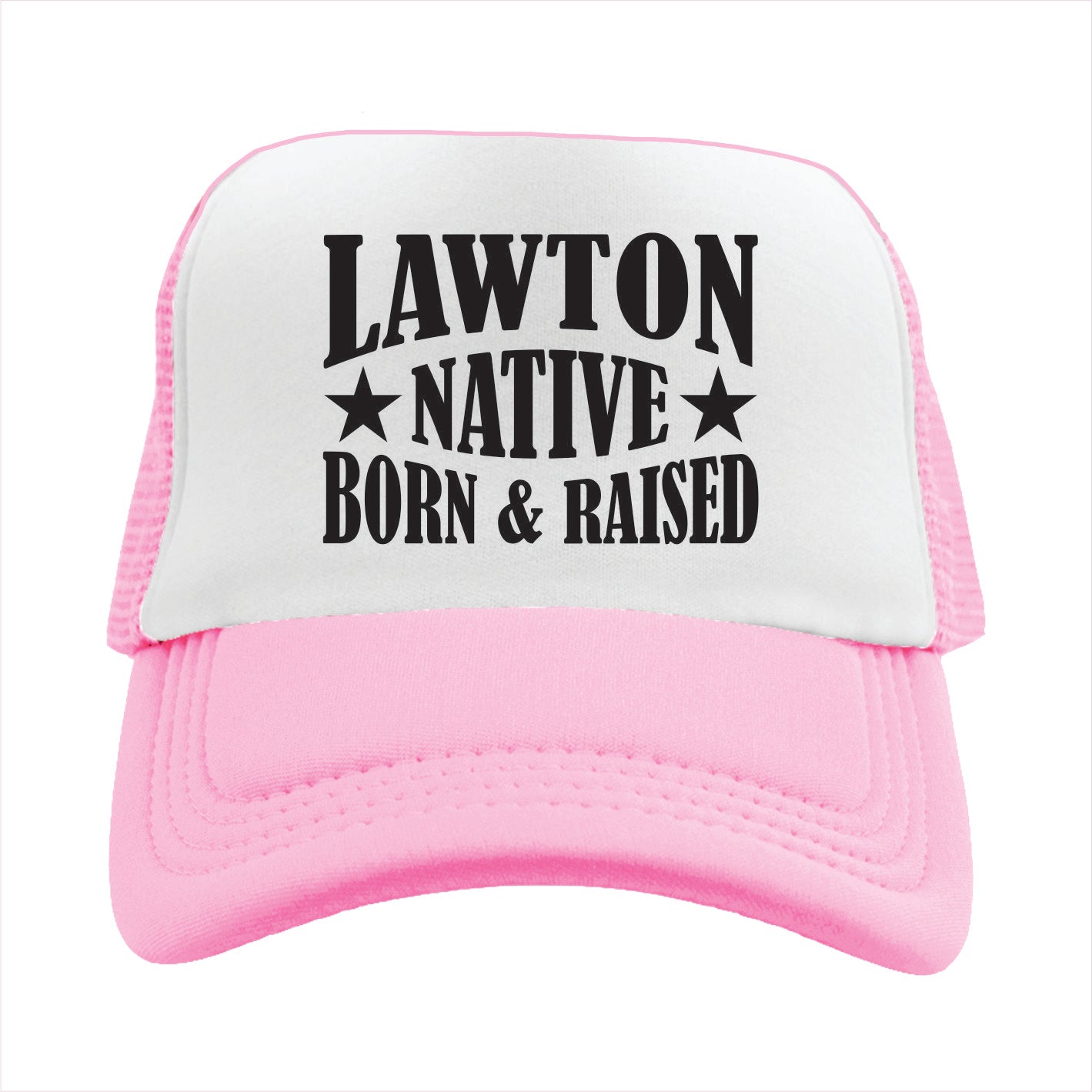 Pink and white cap with 'Lawton Native Born & Raised' text on a white background
