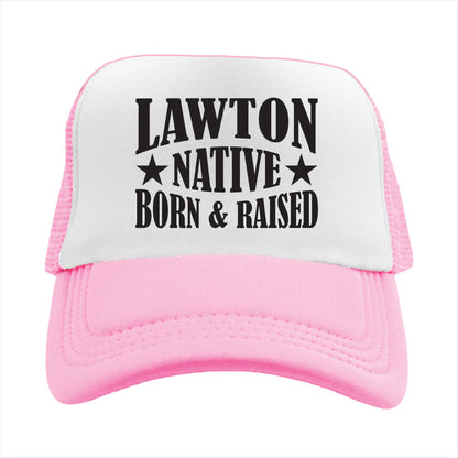 Pink and white cap with 'Lawton Native Born & Raised' text on a white background