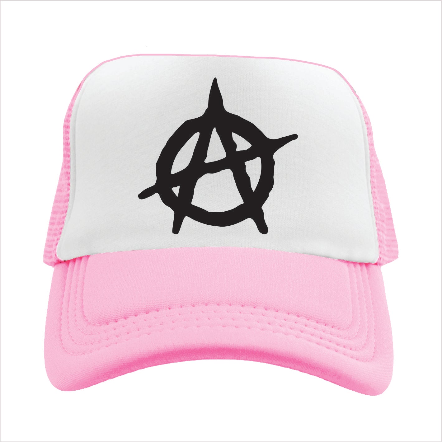 Light Pink and white trucker hat  cap with black symbol on a white background