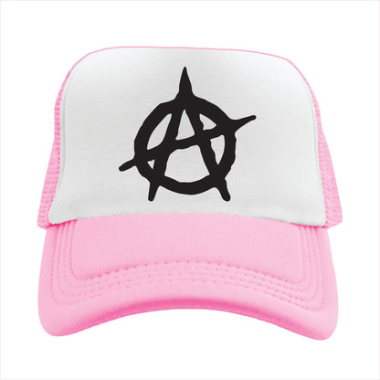 Light Pink and white trucker hat  cap with black symbol on a white background