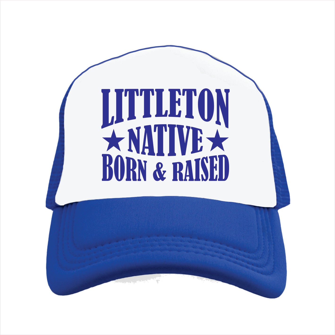 Blue and white cap with 'Littleton Native Born & Raised' text on a white background