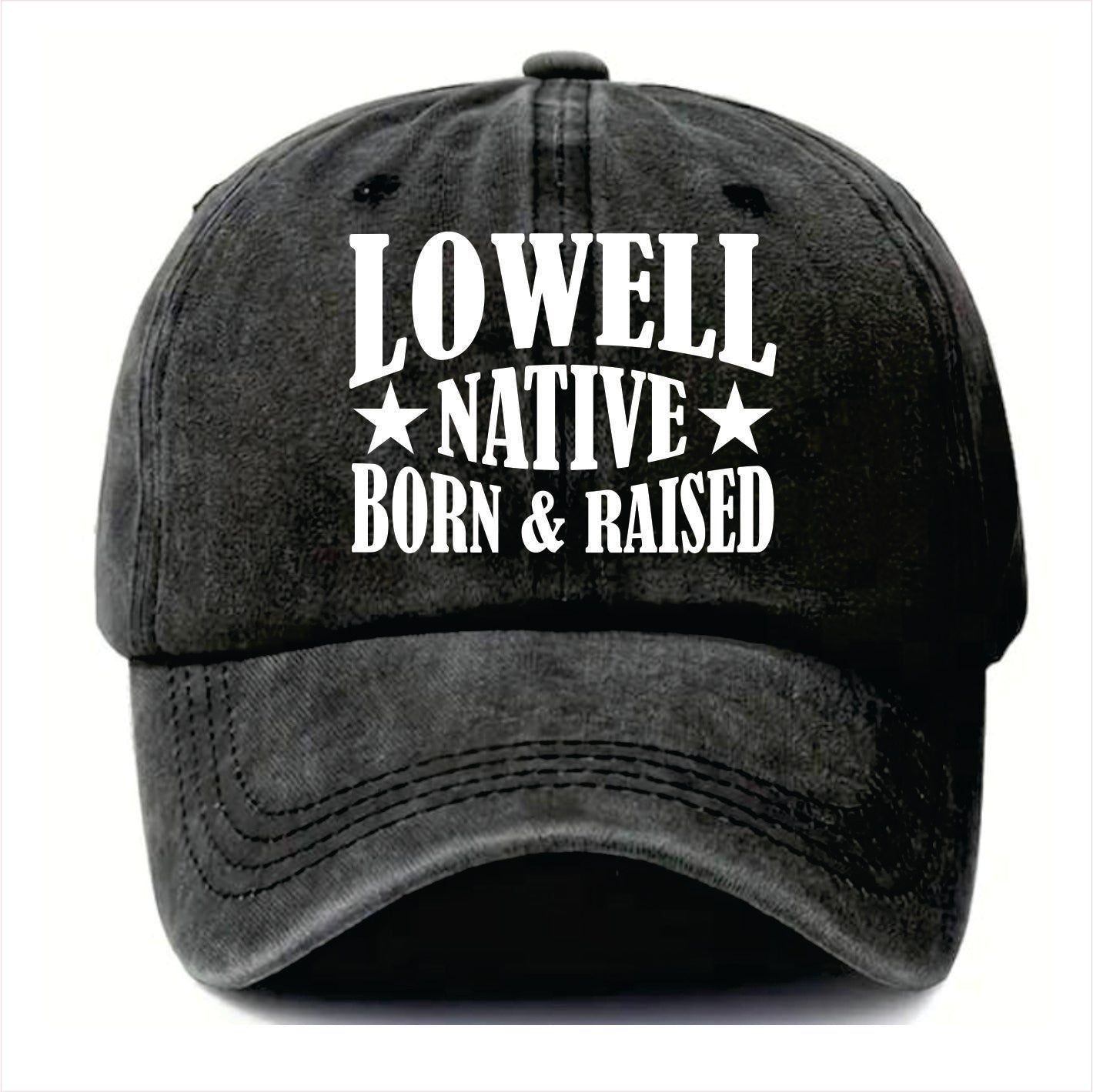 Black cap with 'LOWELL NATIVE BORN & RAISED' text on a white background