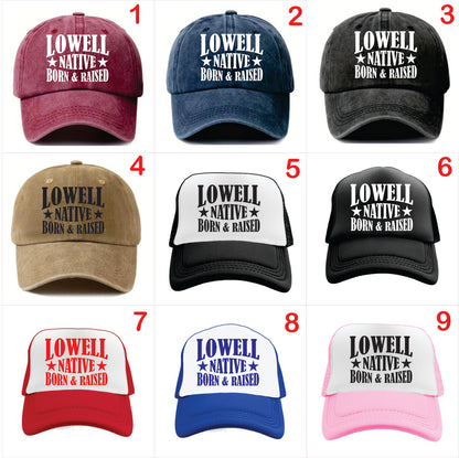 Nine baseball caps with 'Lowell Native Born & Raised' text in various colors on a white background.