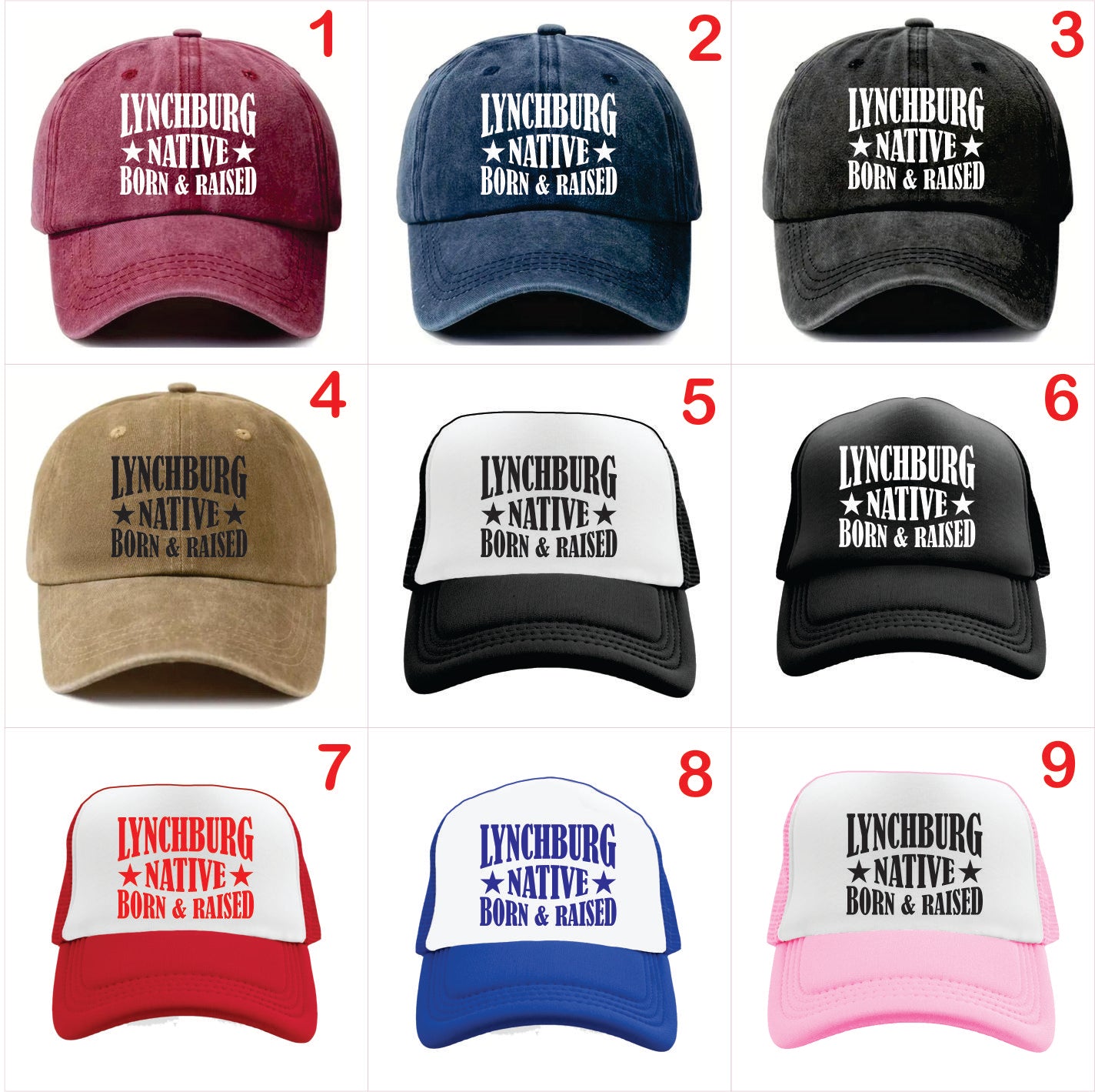 Nine baseball caps with 'Lynchburg Native Born & Raised' text in various colors on a white background.
