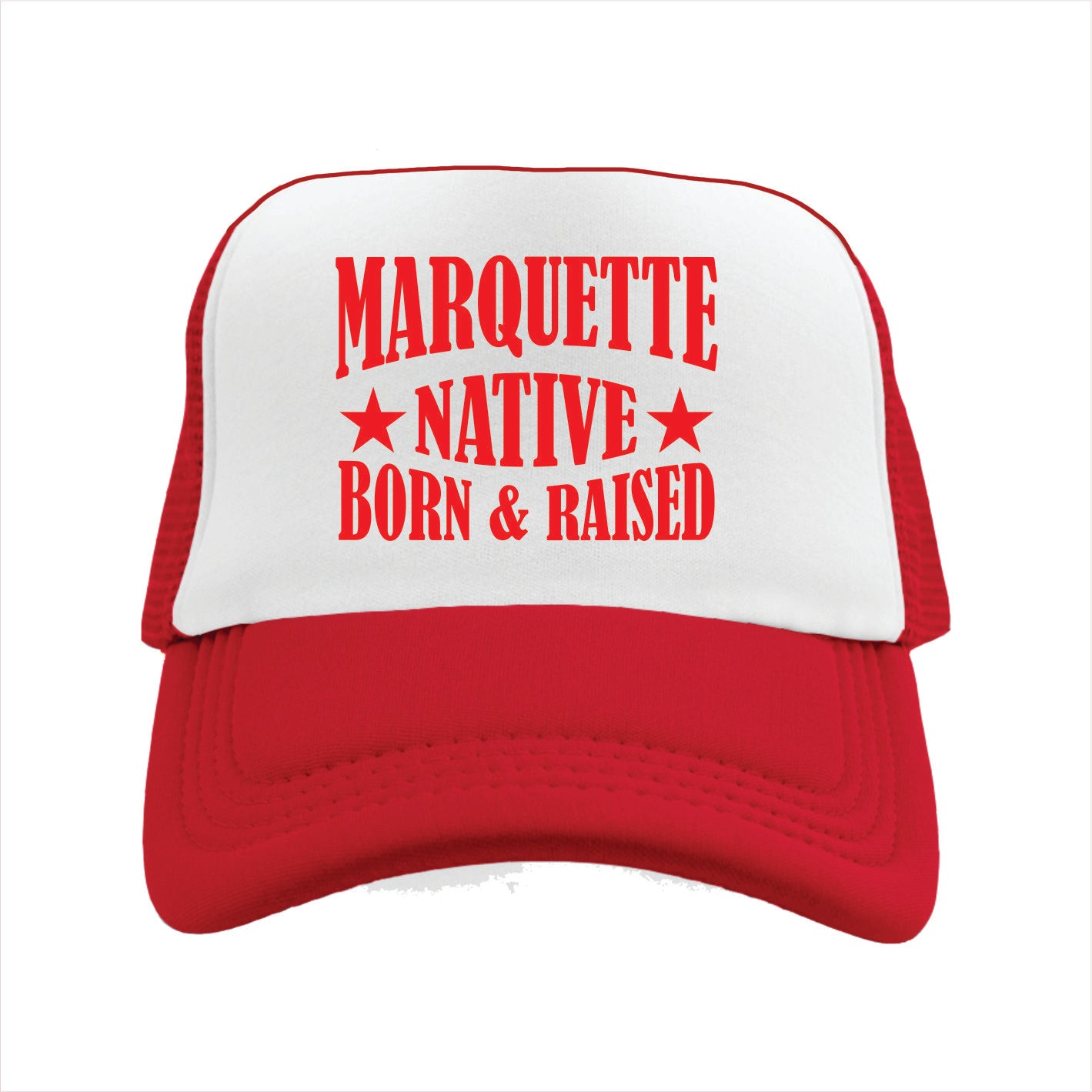 Red and white cap with 'Marquette Native Born & Raised' text on a white background