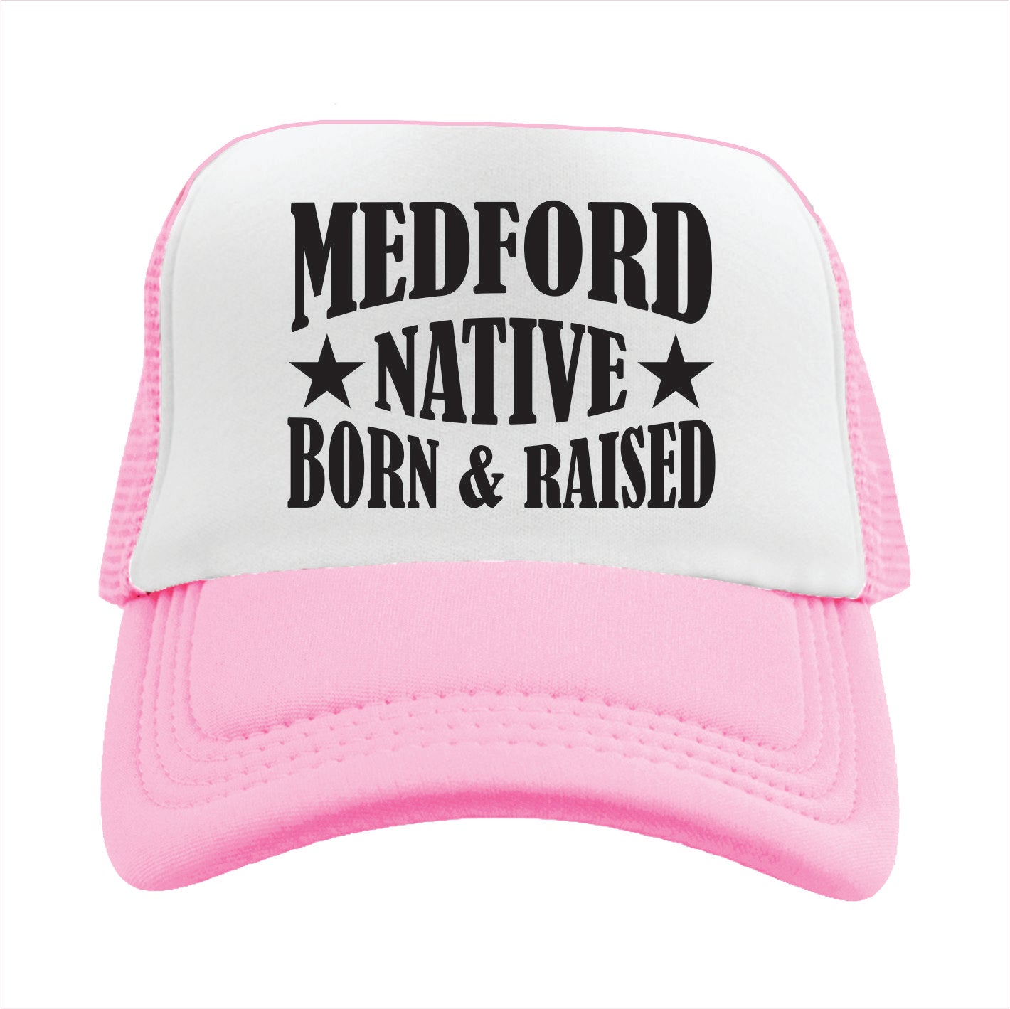 Pink and white cap with 'Medford Native Born & Raised' text on a white background