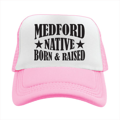 Pink and white cap with 'Medford Native Born & Raised' text on a white background