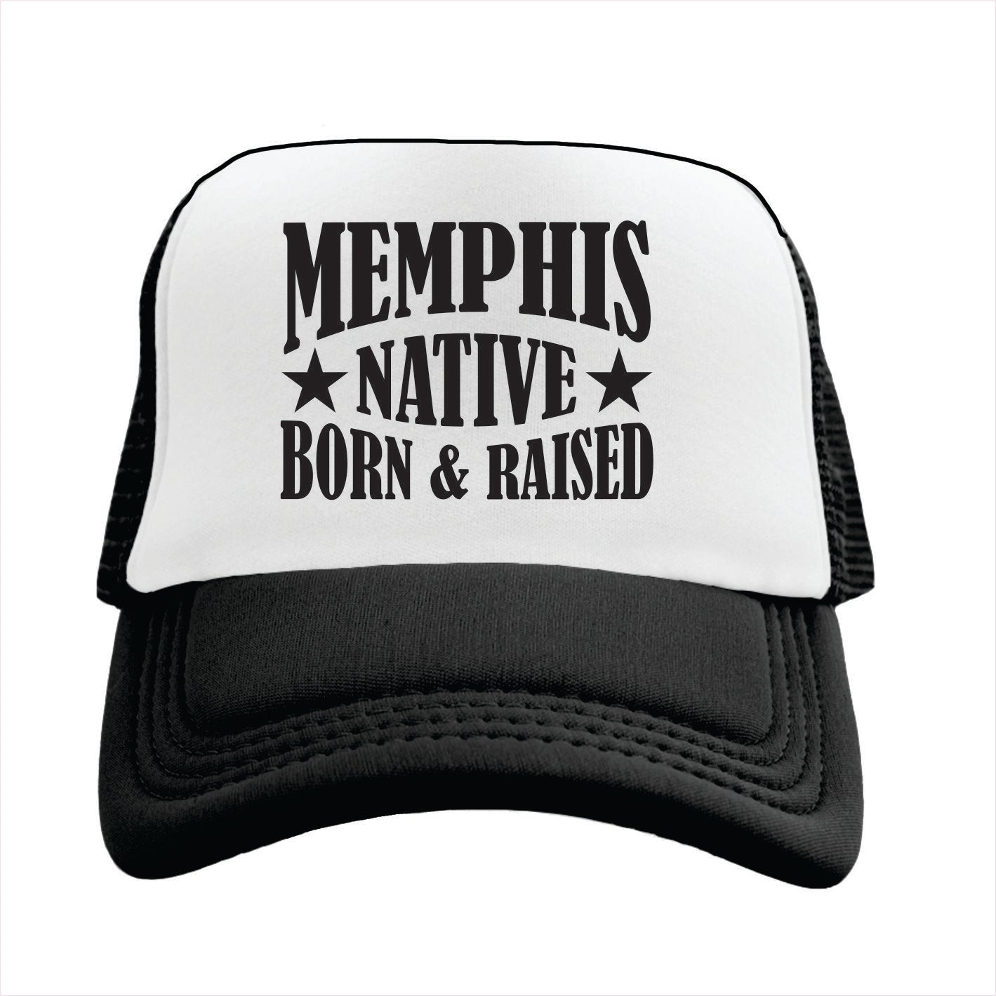 Black and white trucker hat with 'Memphis Native Born & Raised' text on a white background
