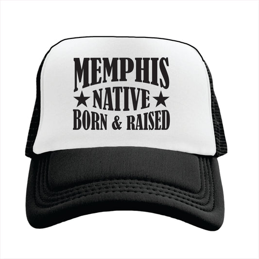 Black and white trucker hat with 'Memphis Native Born & Raised' text on a white background