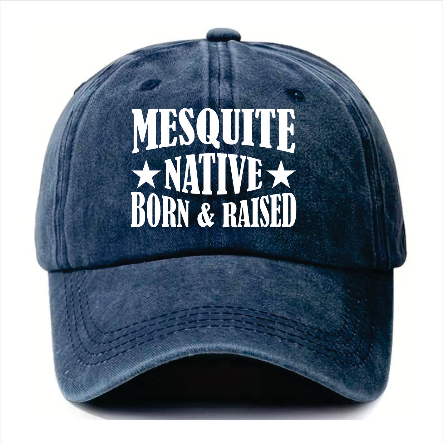 Blue cap with 'Mesquite Native Born & Raised' text on a white background