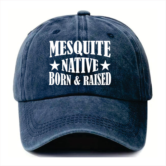 Blue cap with 'Mesquite Native Born & Raised' text on a white background