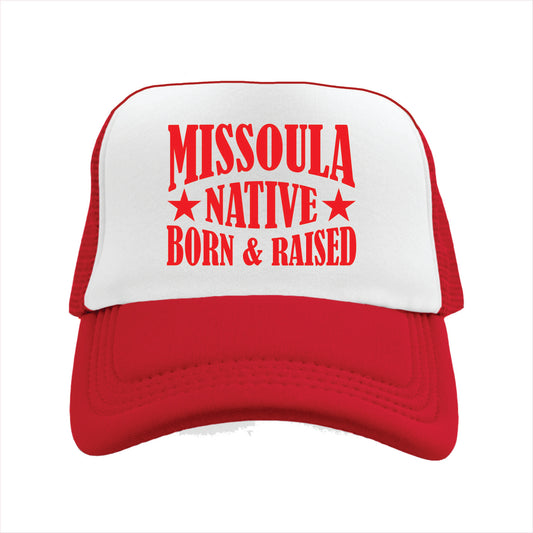 Red and white cap with 'Missoula Native Born & Raised' text on a white background
