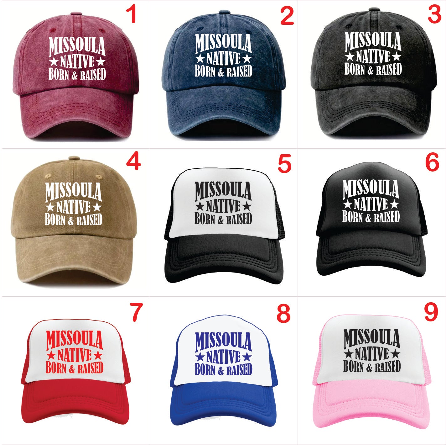 Nine caps with 'Missoula Native Born & Raised' text in various colors and styles.