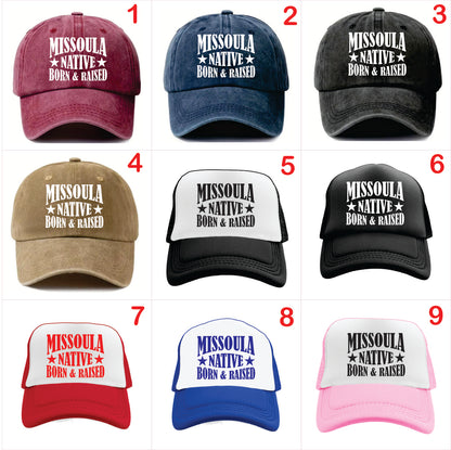 Nine caps with 'Missoula Native Born & Raised' text in various colors and styles.