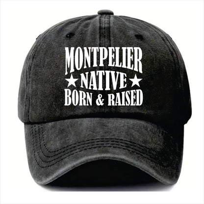 Black cap with 'Montpelier Native Born & Raised' text on a white background