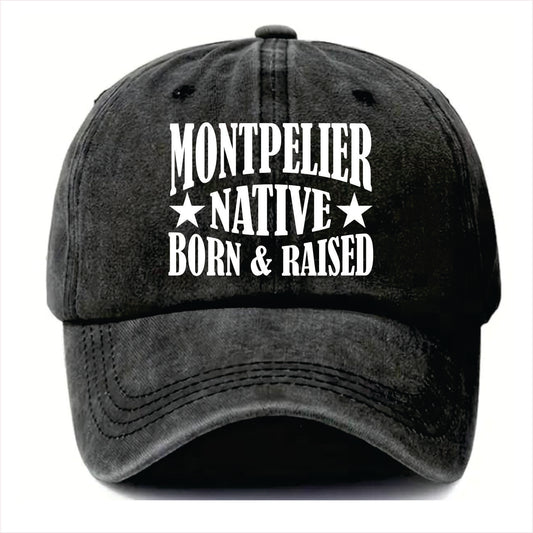 Black cap with 'Montpelier Native Born & Raised' text on a white background