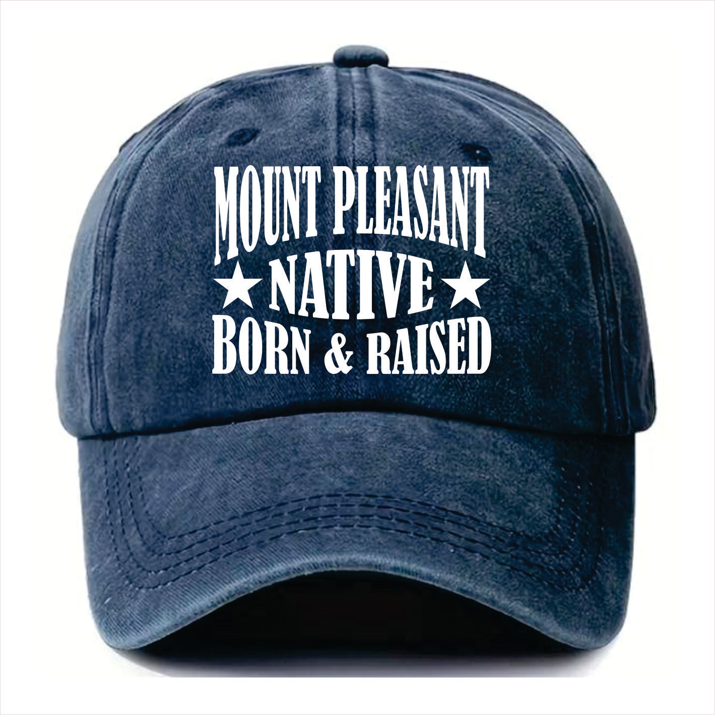 Blue cap with 'Mount Pleasant Native Born & Raised' text on a white background