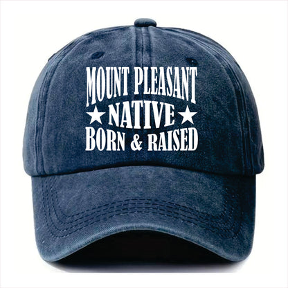 Blue cap with 'Mount Pleasant Native Born & Raised' text on a white background