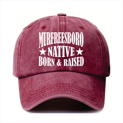Burgundy cap with 'Murfreesboro Native Born & Raised' text on a white background
