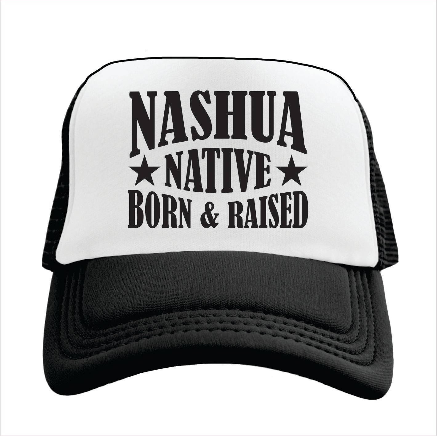 Trucker hat with 'NASHUA NATIVE BORN & RAISED' text on a white background