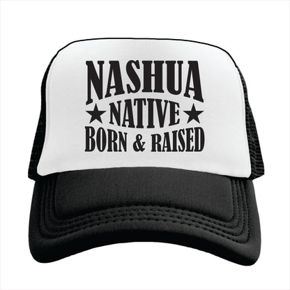 Trucker hat with 'NASHUA NATIVE BORN & RAISED' text on a white background