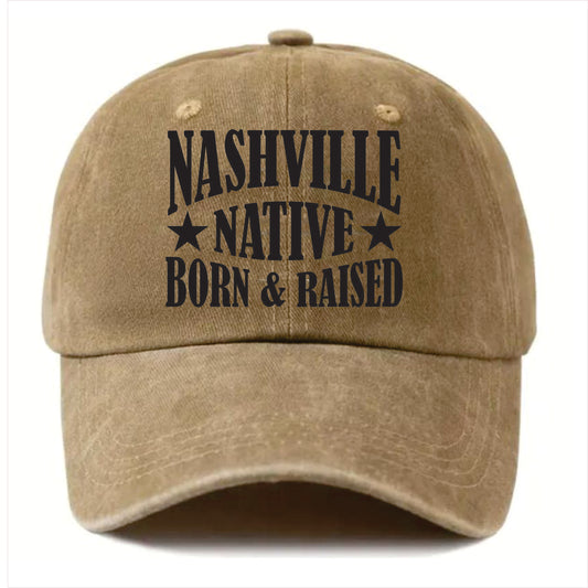 Khaki cap with 'Nashville Native Born & Raised' text on a white background